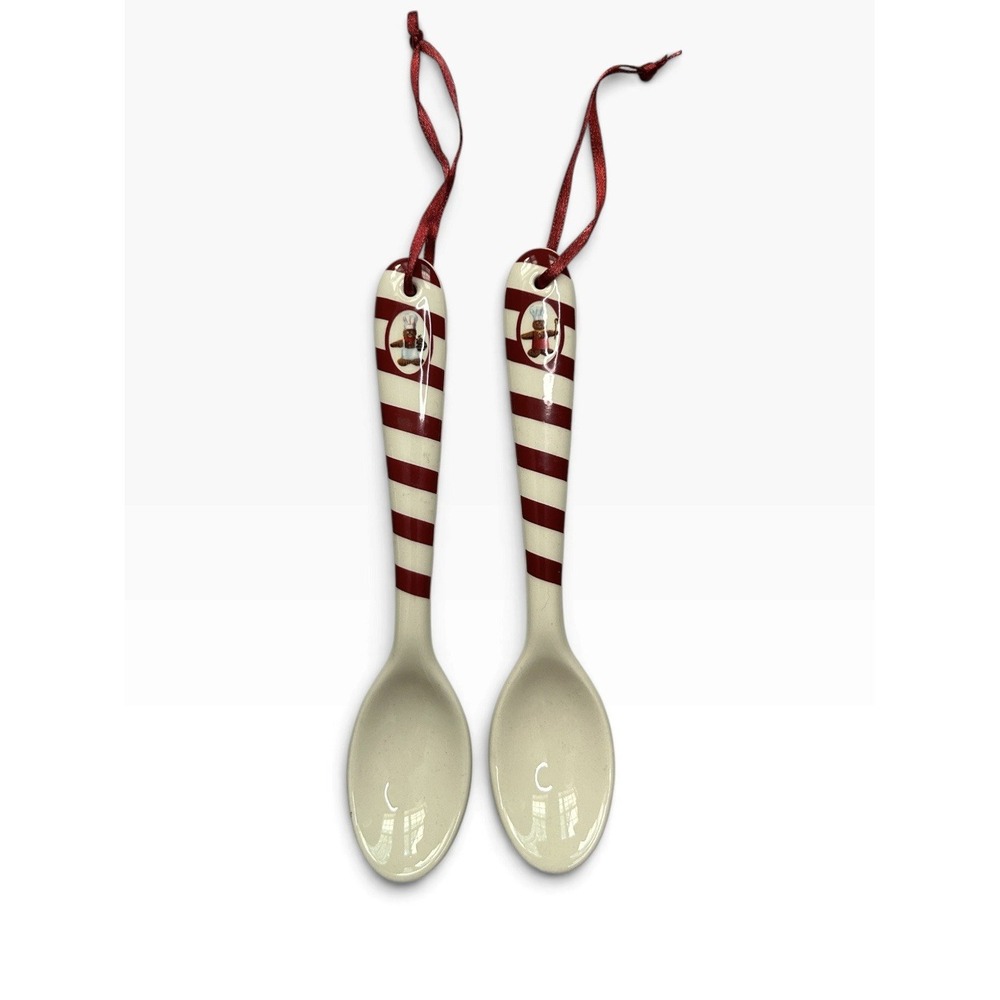 2 WILLIAMS SONOMA  Gingerbread Man Chef Spoons Striped Ceramic Christmas  2009
